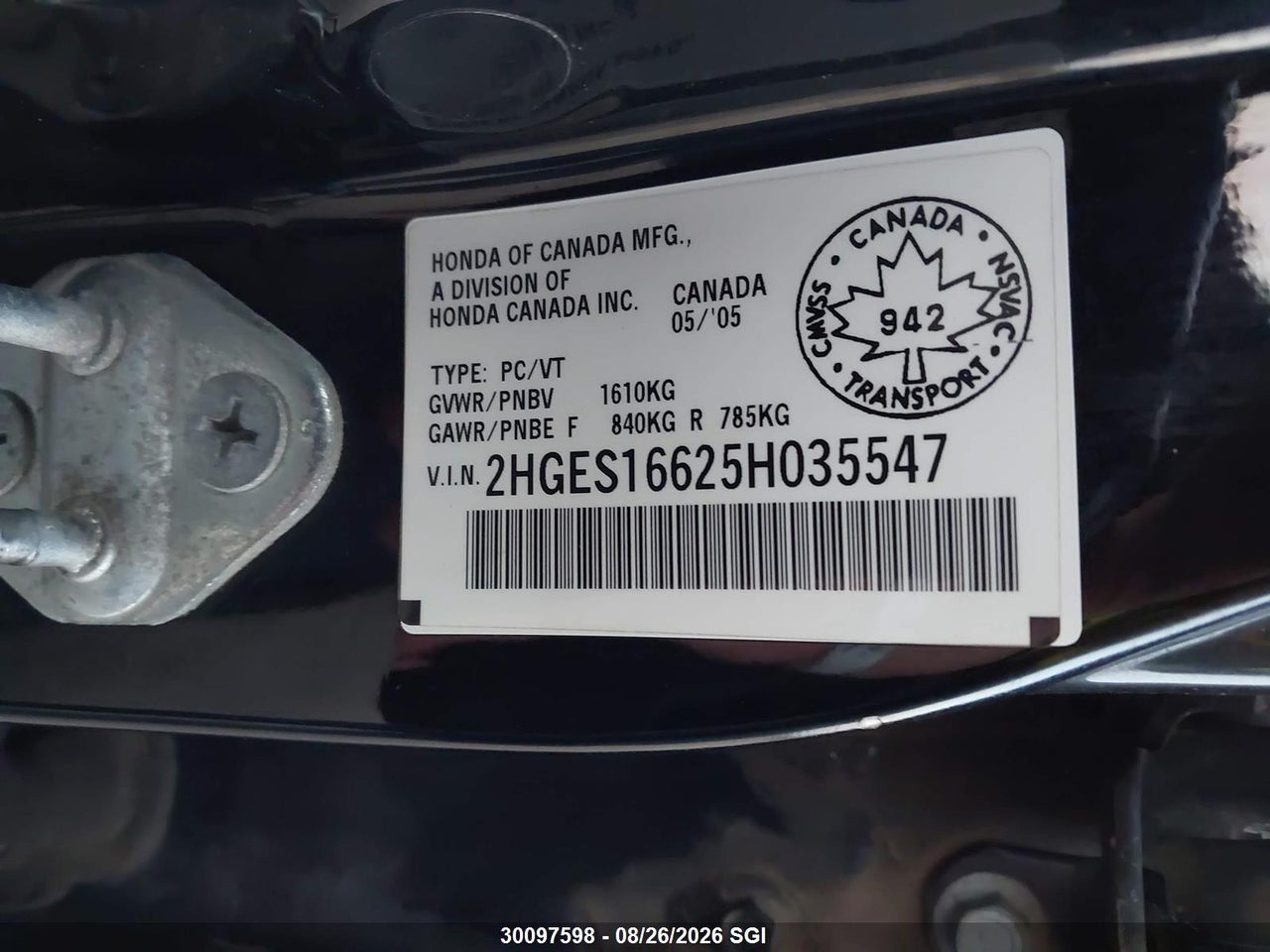 2HGES16625H035547 · 2005 HONDA CIVIC LX · 9/14