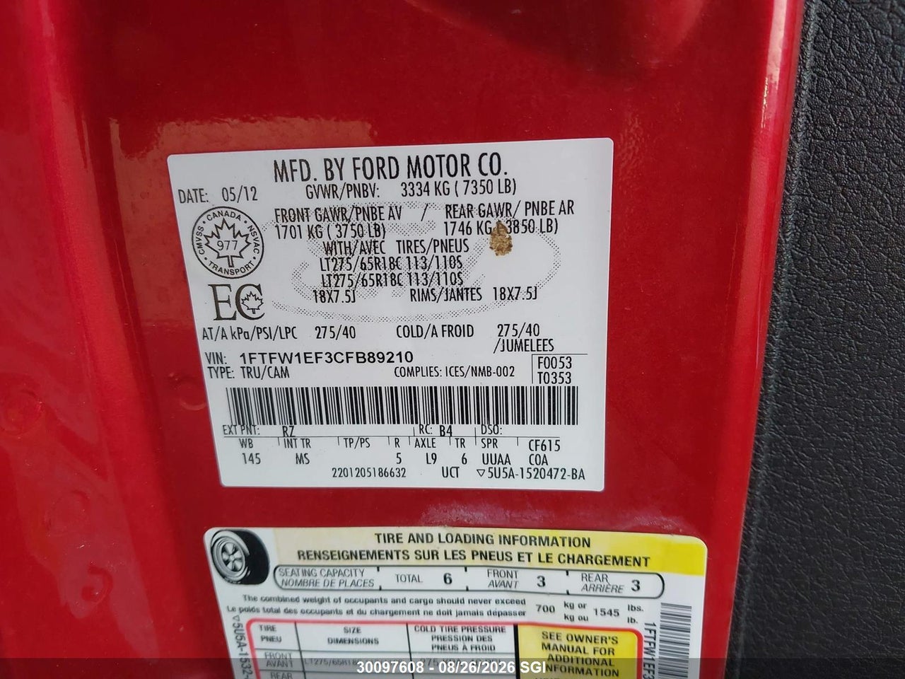 1FTFW1EF3CFB89210 · 2012 FORD F150 SUPERCREW · 9/15