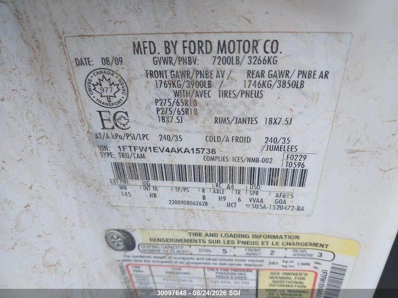1FTFW1EV4AKA15738 · 2010 FORD F150 SUPERCREW · 9/15