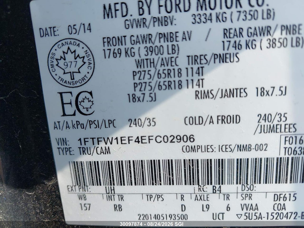 1FTFW1EF4EFC02906 · 2014 FORD F150 SUPERCREW · 9/16