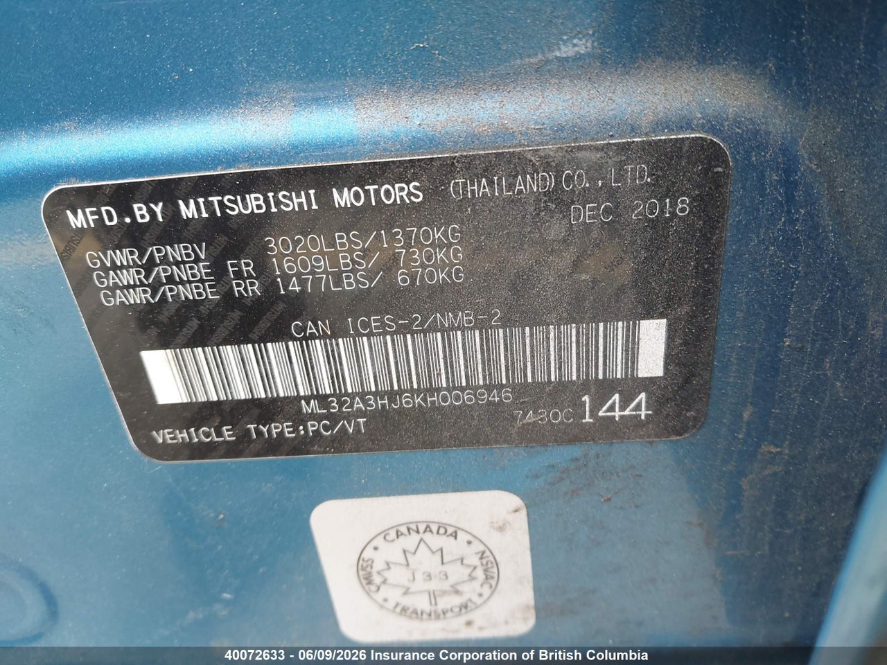 ML32A3HJ6KH006946 · 2019 MITSUBISHI MIRAGE ES/RF · 9/23
