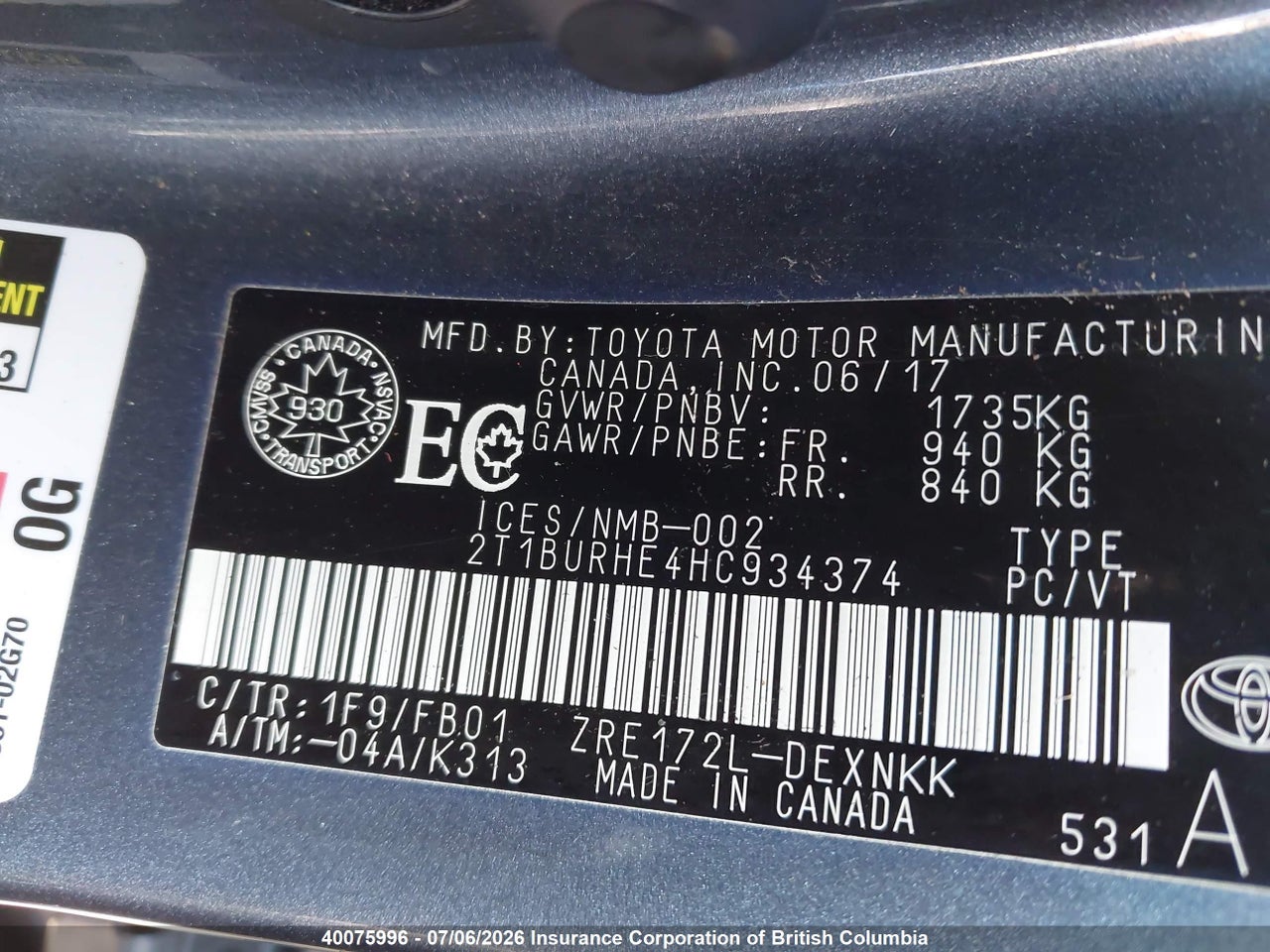 2T1BURHE4HC934374 · 2017 TOYOTA COROLLA L/LE/XLE/SE/XSE · 9/23
