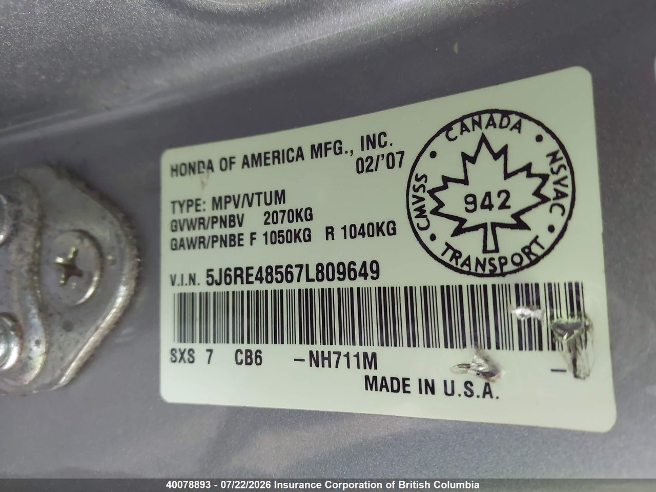 5J6RE48567L809649 · 2007 HONDA CR-V EX · 9/22