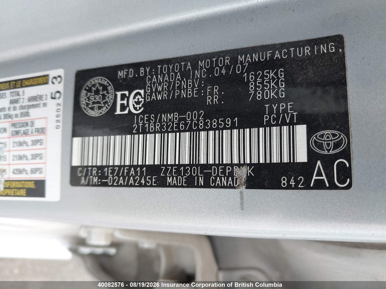 2T1BR32E67C838591 · 2007 TOYOTA COROLLA CE/LE/S · 9/15