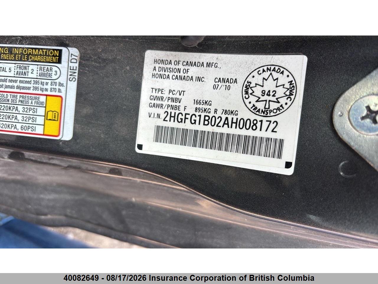 2HGFG1B02AH008172 · 2010 HONDA CIVIC · 9/15