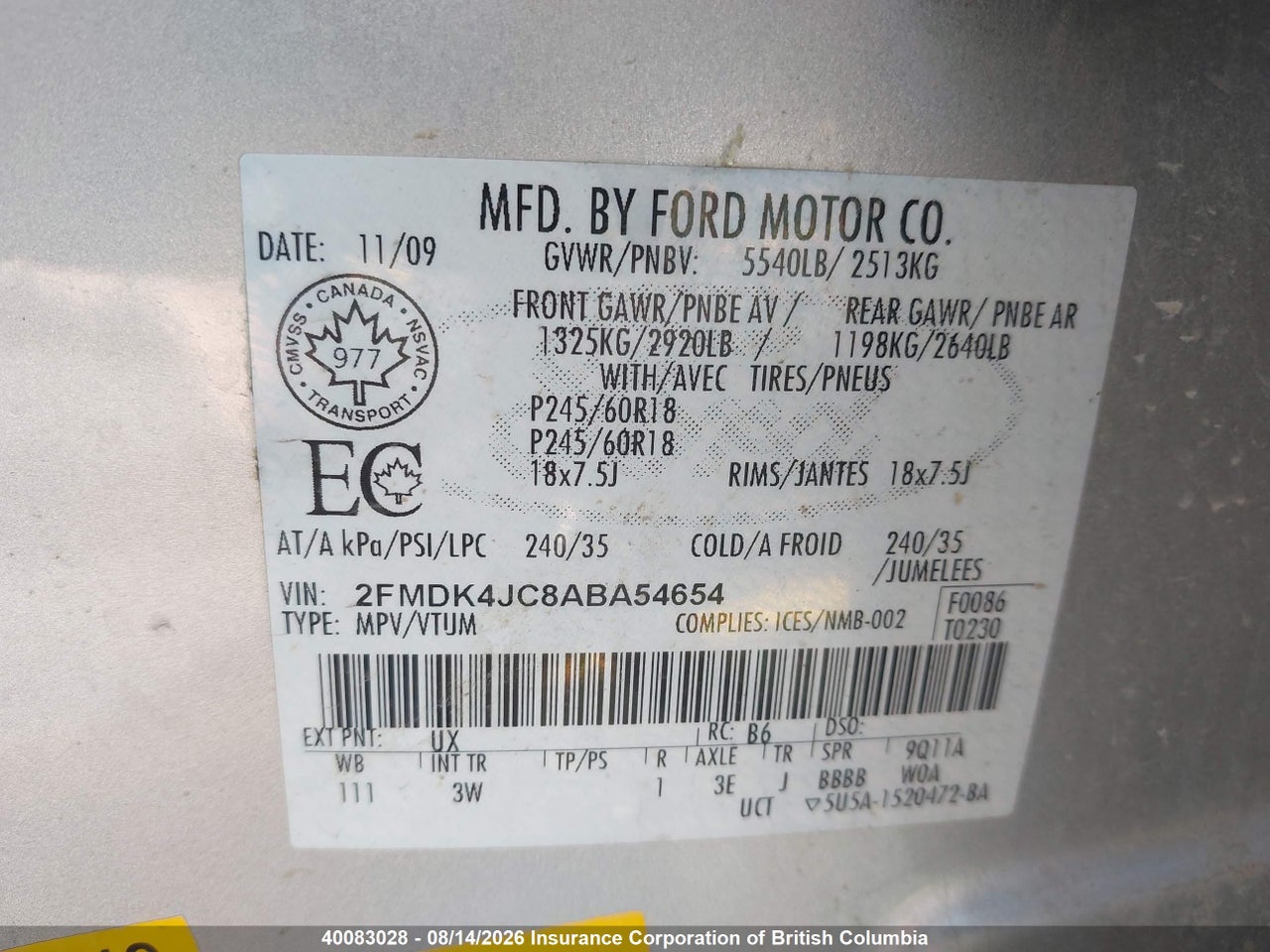 2FMDK4JC8ABA54654 · 2010 FORD EDGE · 9/23