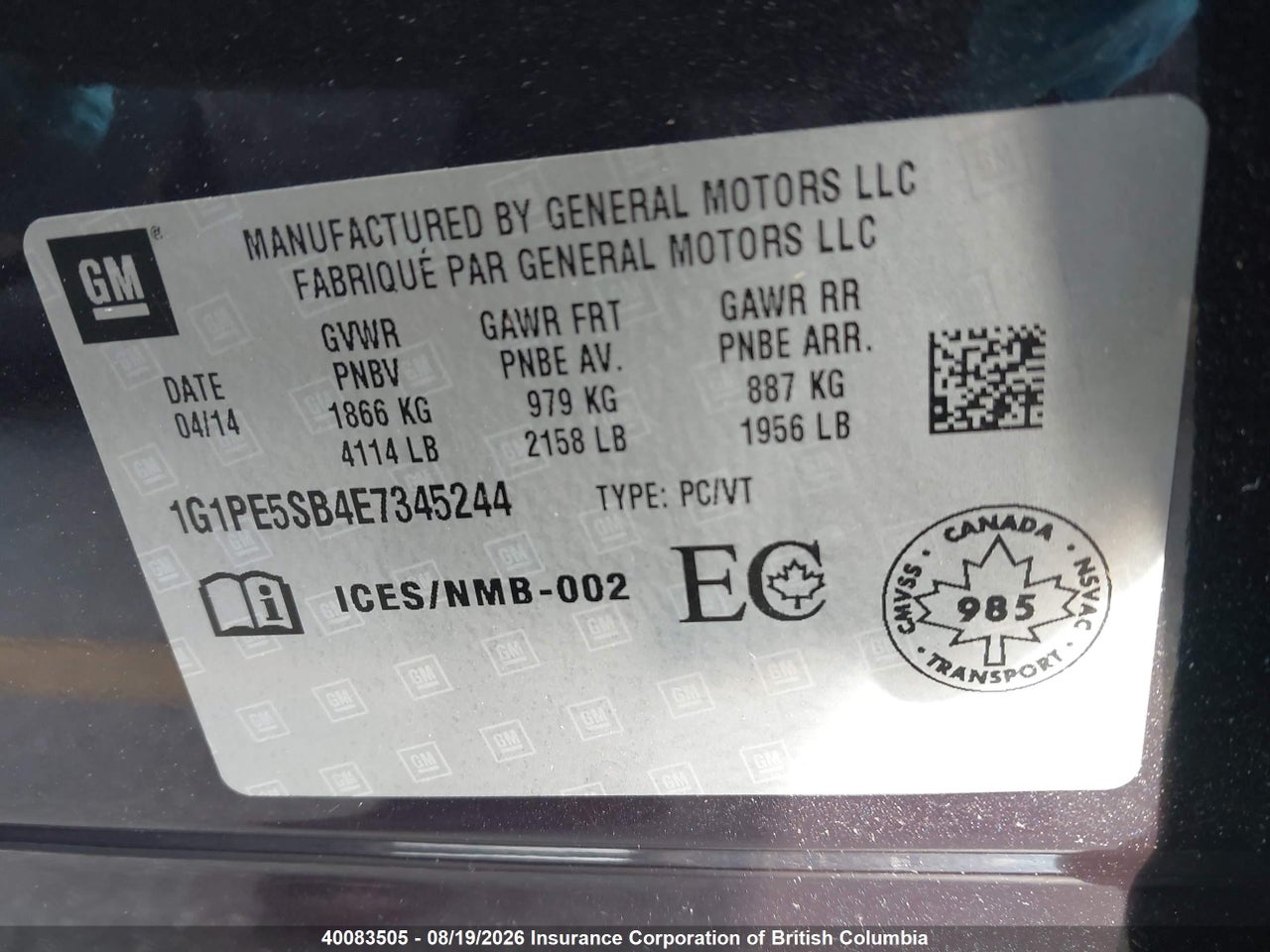 1G1PE5SB4E7345244 · 2014 CHEVROLET CRUZE · 9/23