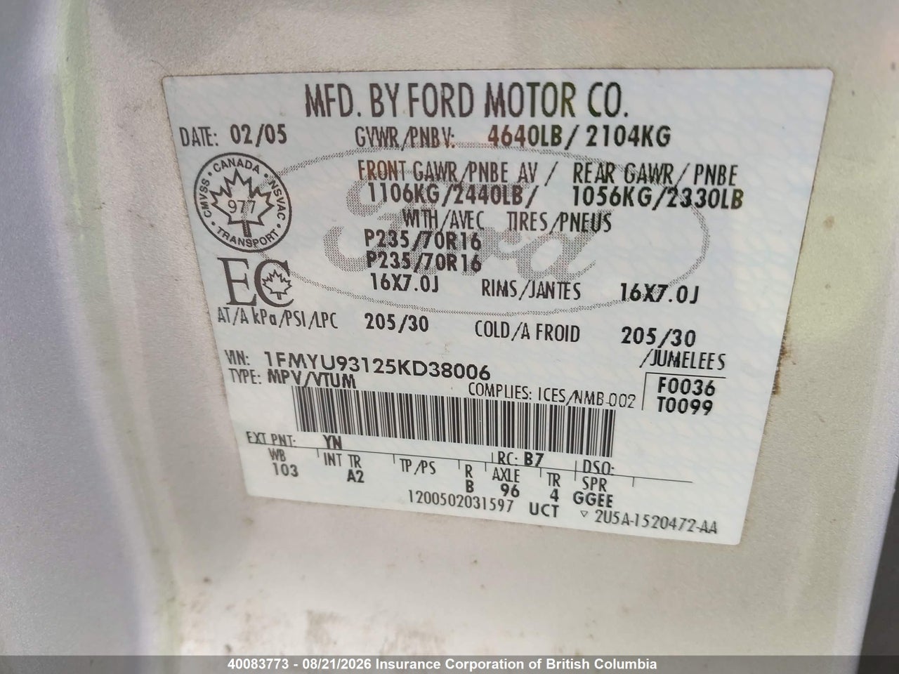 1FMYU93125KD38006 · 2005 FORD ESCAPE XLT · 9/22