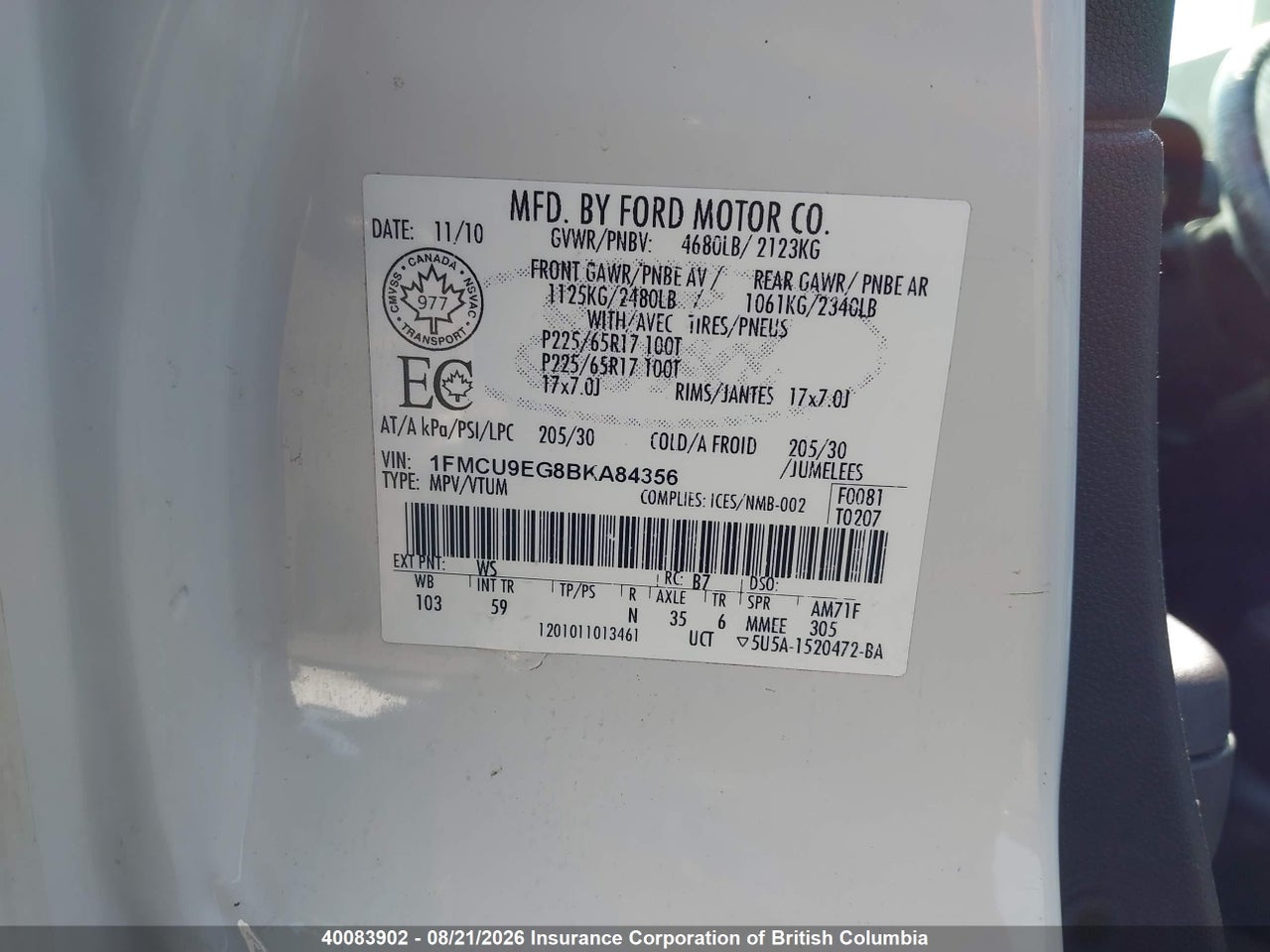 1FMCU9EG8BKA84356 · 2011 FORD ESCAPE LIMITED · 9/22