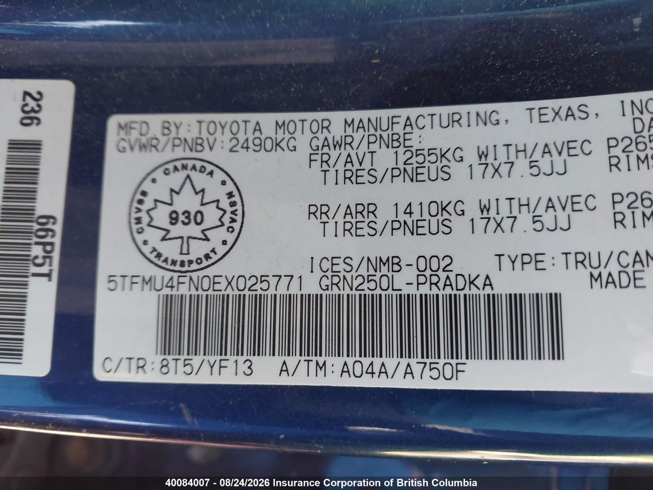 5TFMU4FN0EX025771 · 2014 TOYOTA TACOMA DOUBLE CAB LONG BED · 9/9