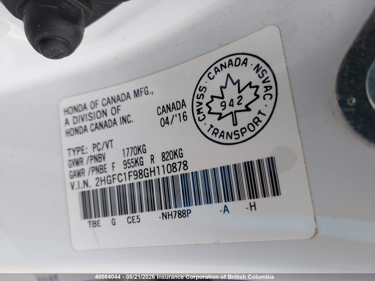 2HGFC1F98GH110878 · 2016 HONDA CIVIC · 9/23