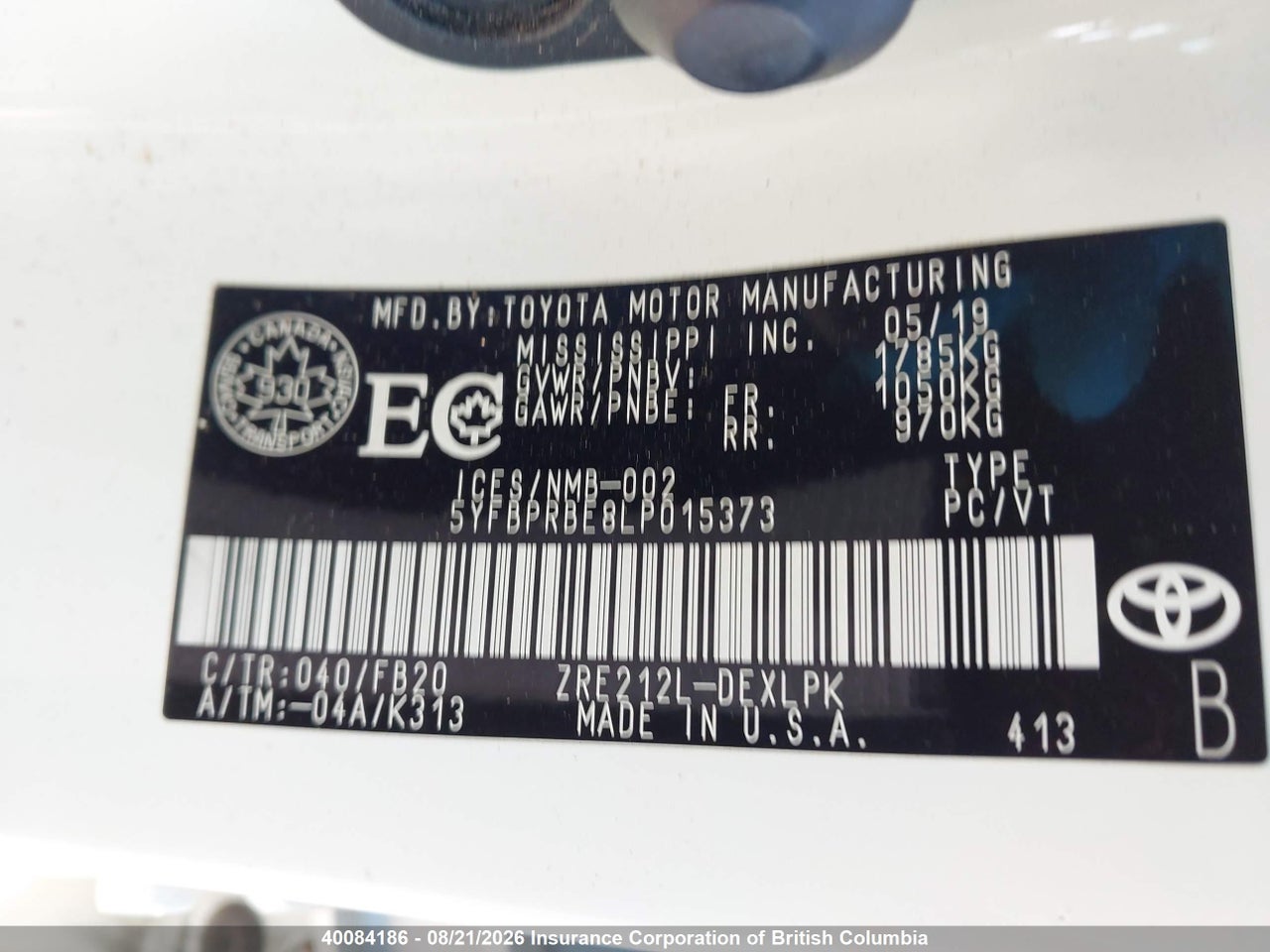 5YFBPRBE8LP015373 · 2020 TOYOTA COROLLA LE · 9/21