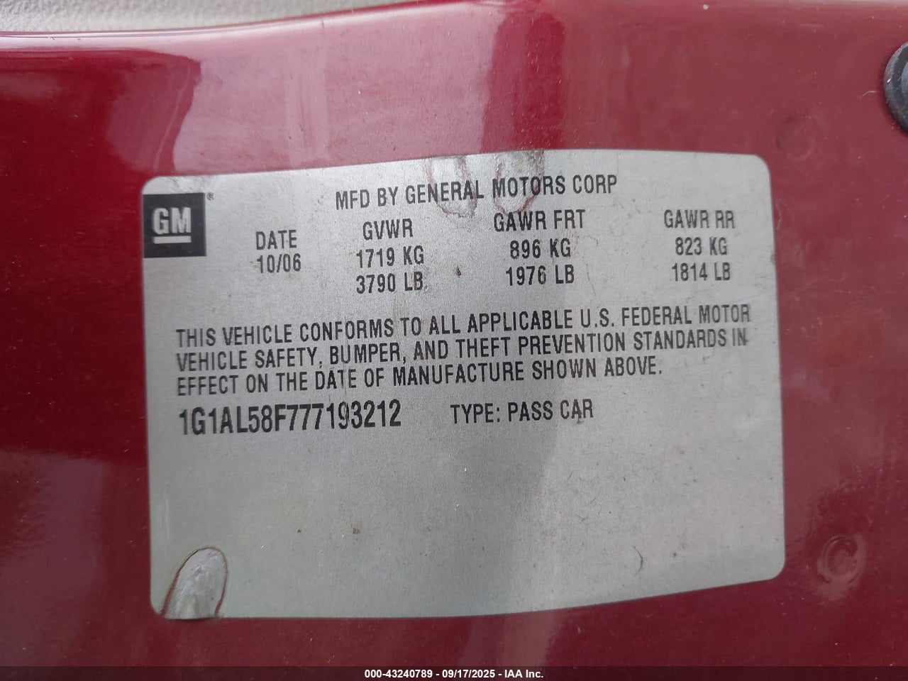 1G1AL58F777****** · 2007 CHEVROLET COBALT LT · 9/11