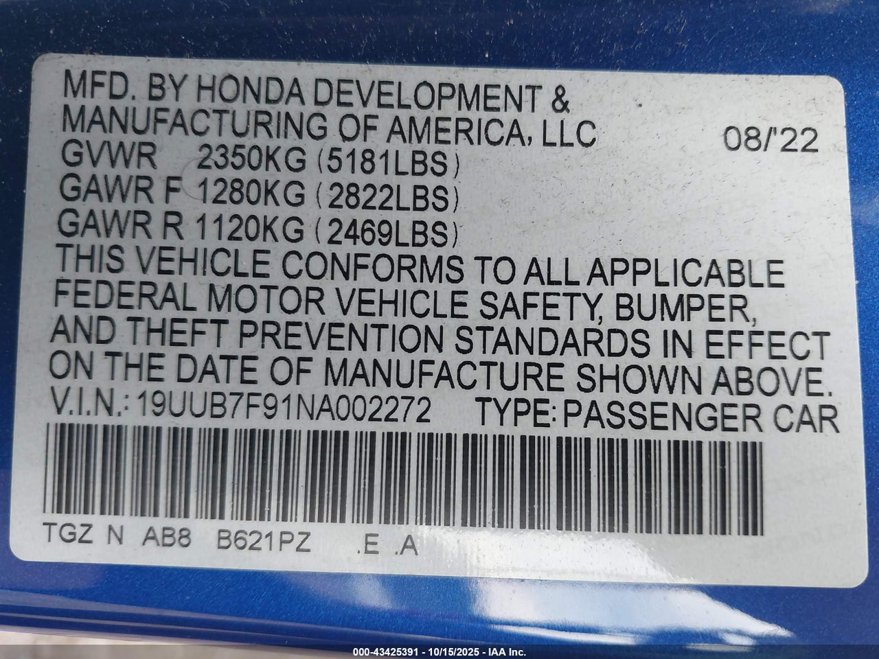 2022 ACURA TLX TYPE S - HP WHEEL AND TIRE · 9/11