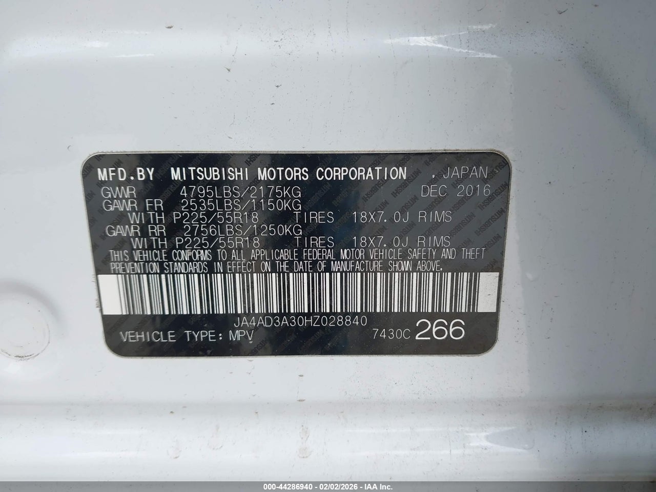 JA4AD3A30HZ****** · 2017 MITSUBISHI OUTLANDER SE · 9/11