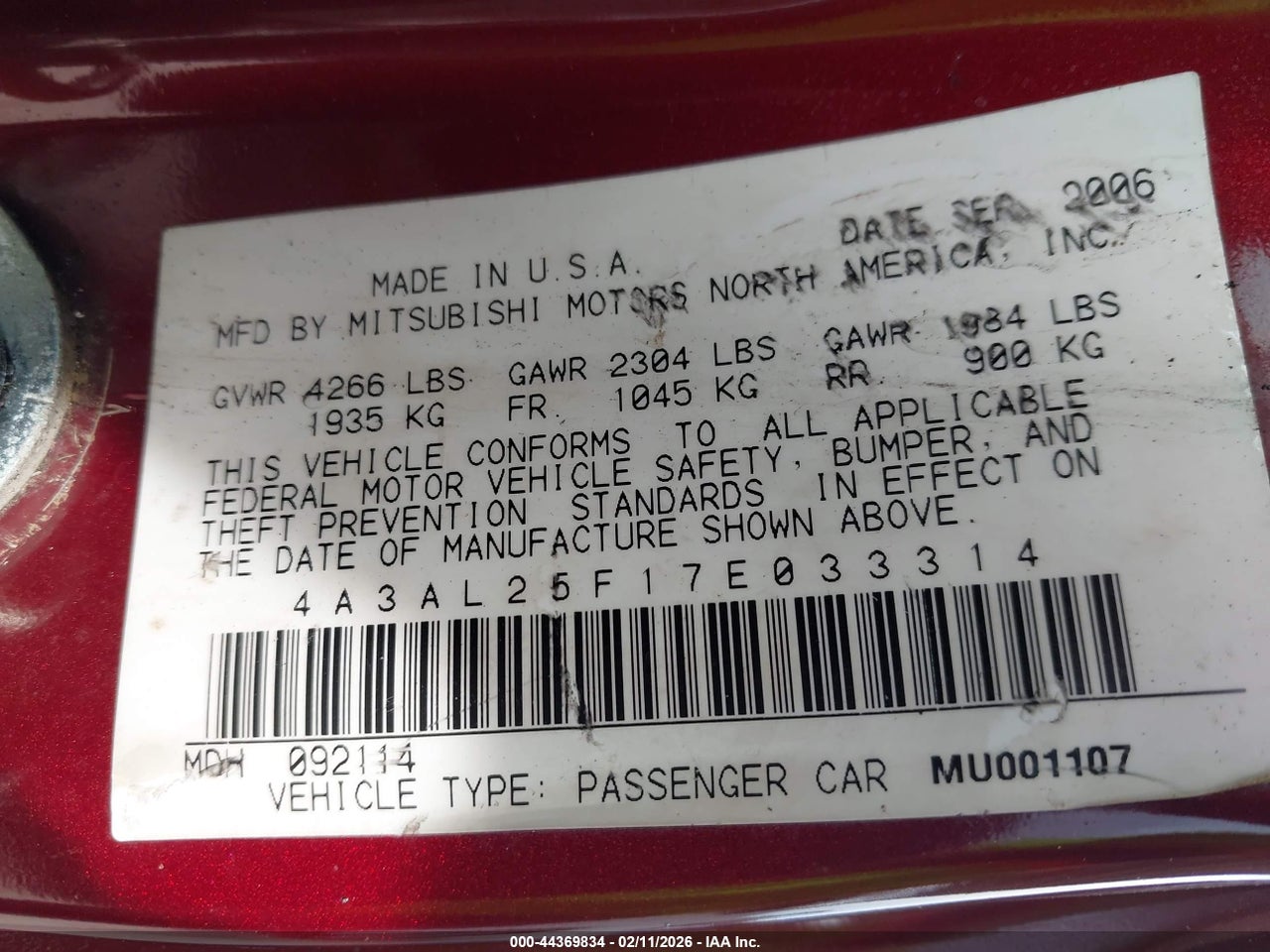 4A3AL25F17E****** · 2007 MITSUBISHI ECLIPSE SPYDER GS · 9/11