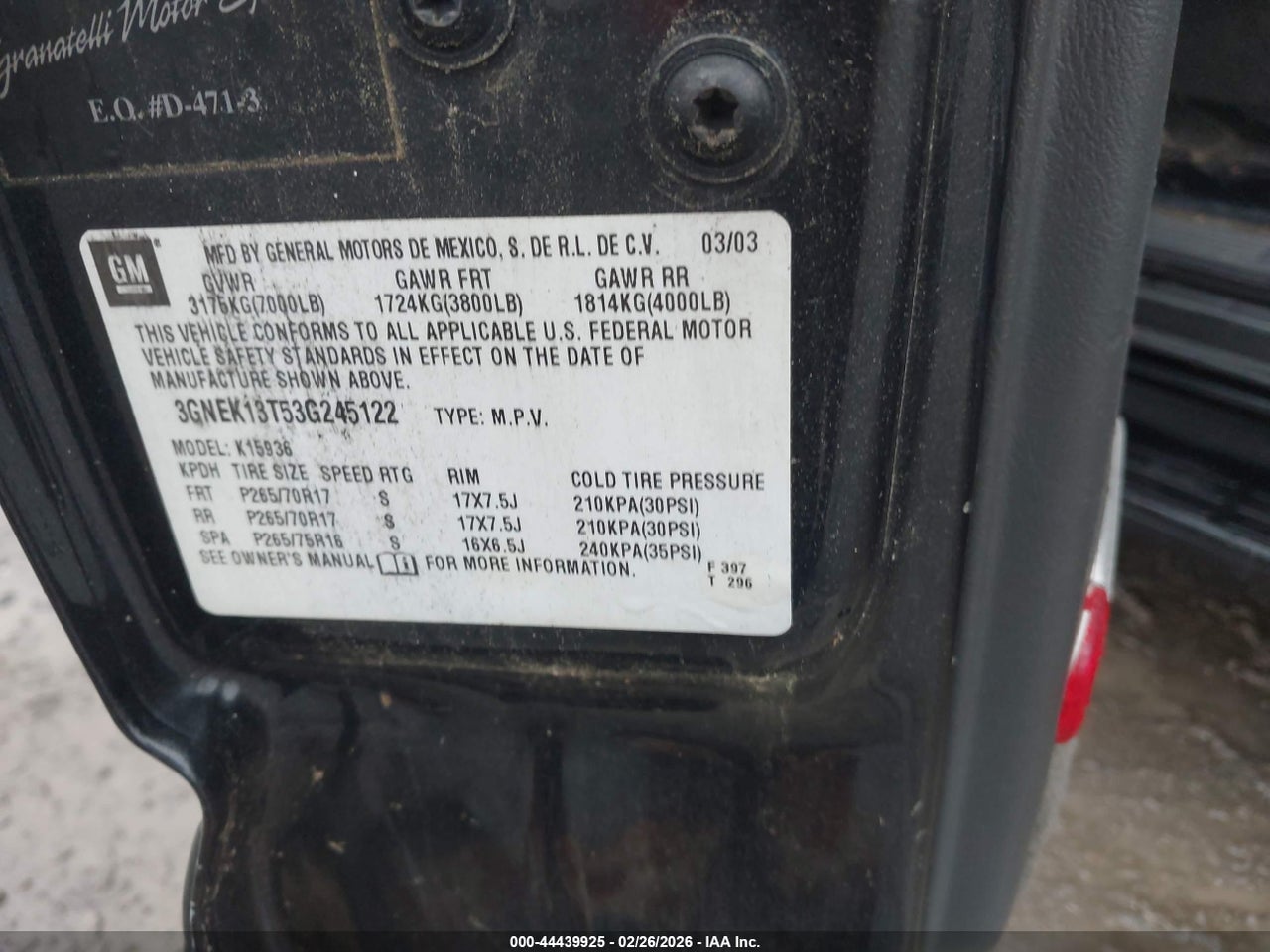 3GNEK13T53G****** · 2003 CHEVROLET AVALANCHE 1500   · 9/11