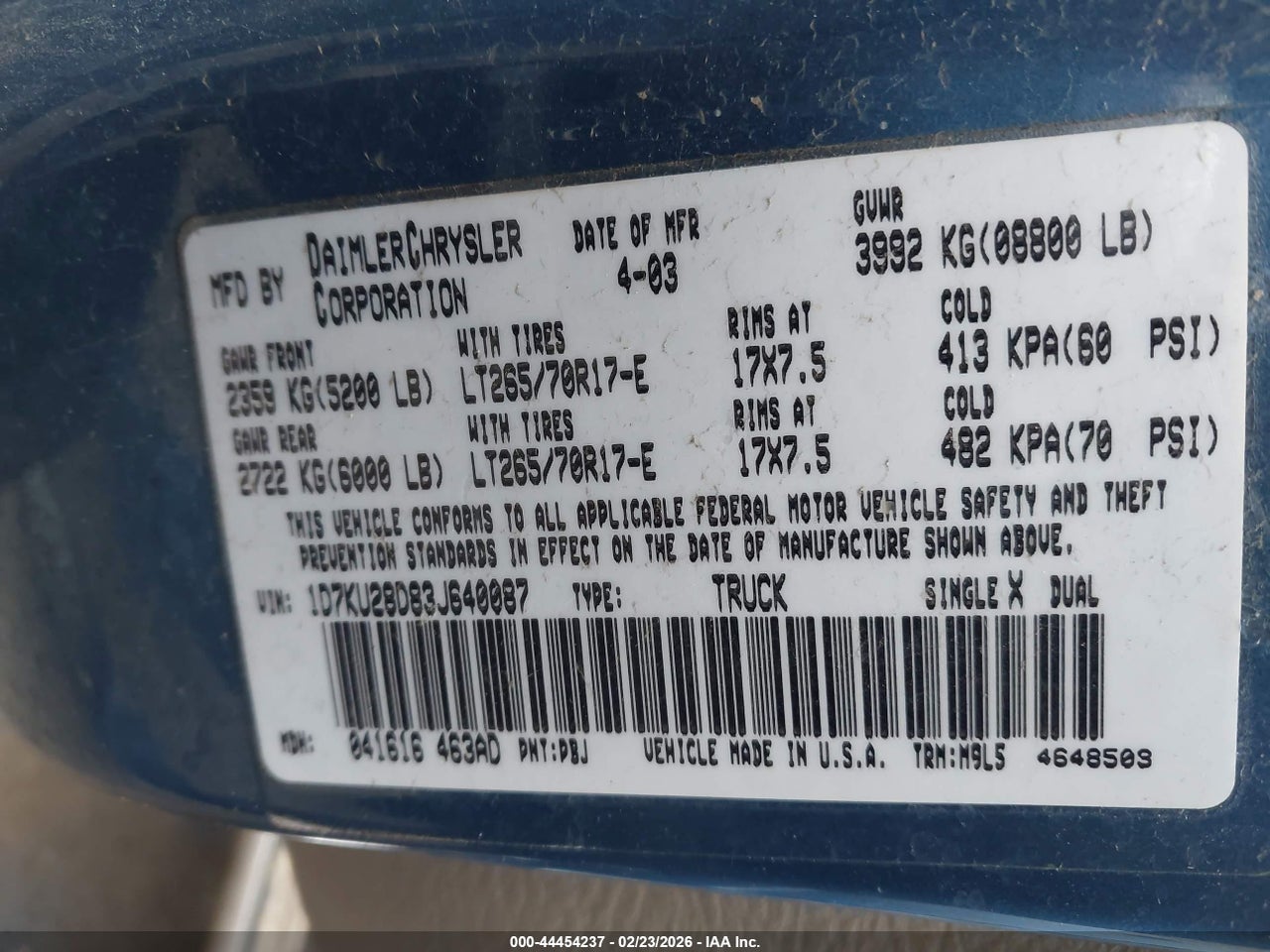 1D7KU28D83J****** · 2003 DODGE RAM 2500 · 9/10