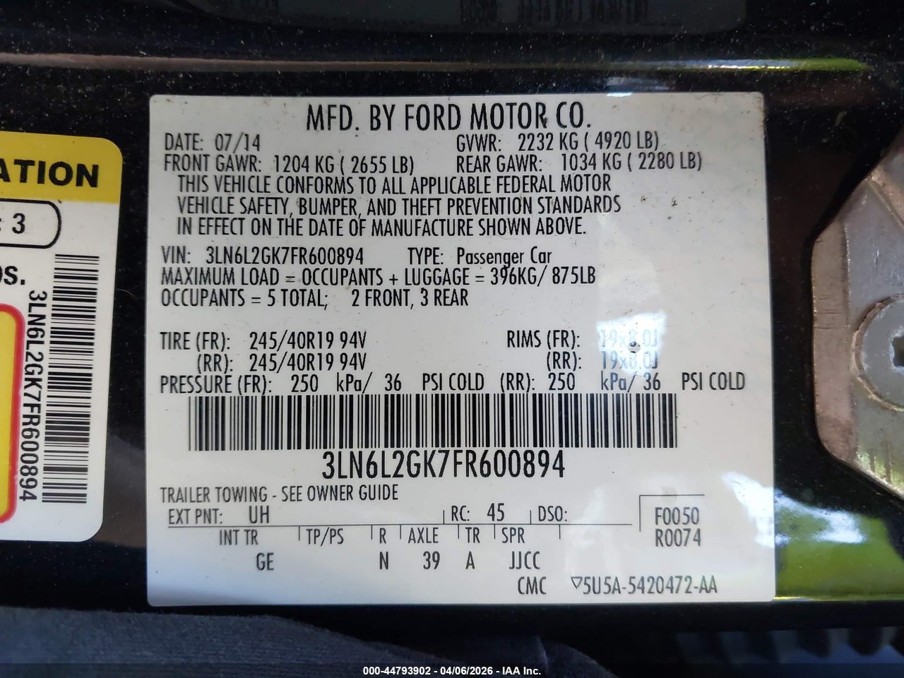 3LN6L2GK7FR****** · 2015 LINCOLN MKZ · 9/11