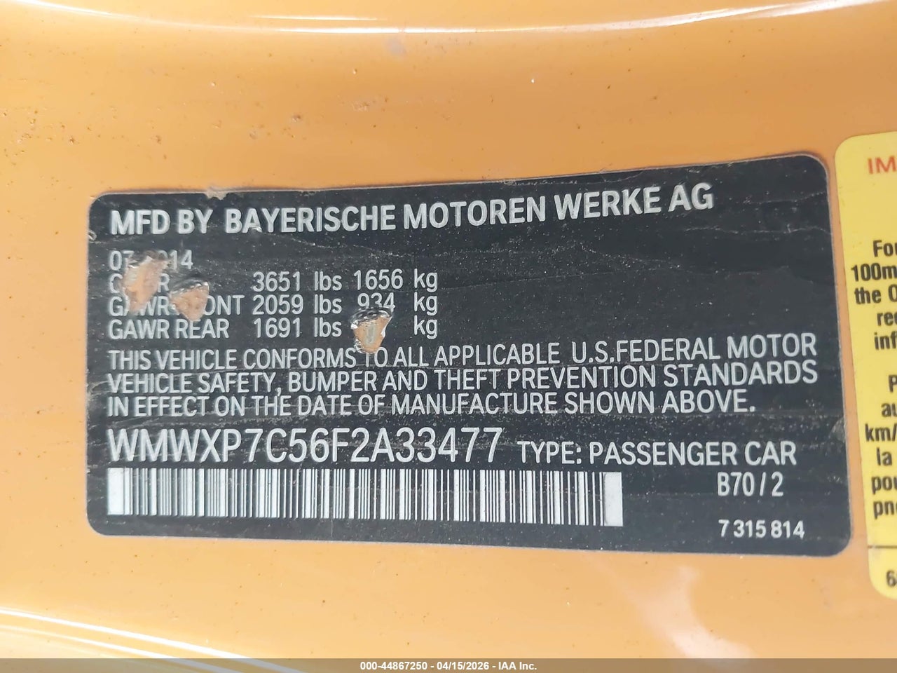 WMWXP7C56F2****** · 2015 MINI HARDTOP COOPER S · 9/11