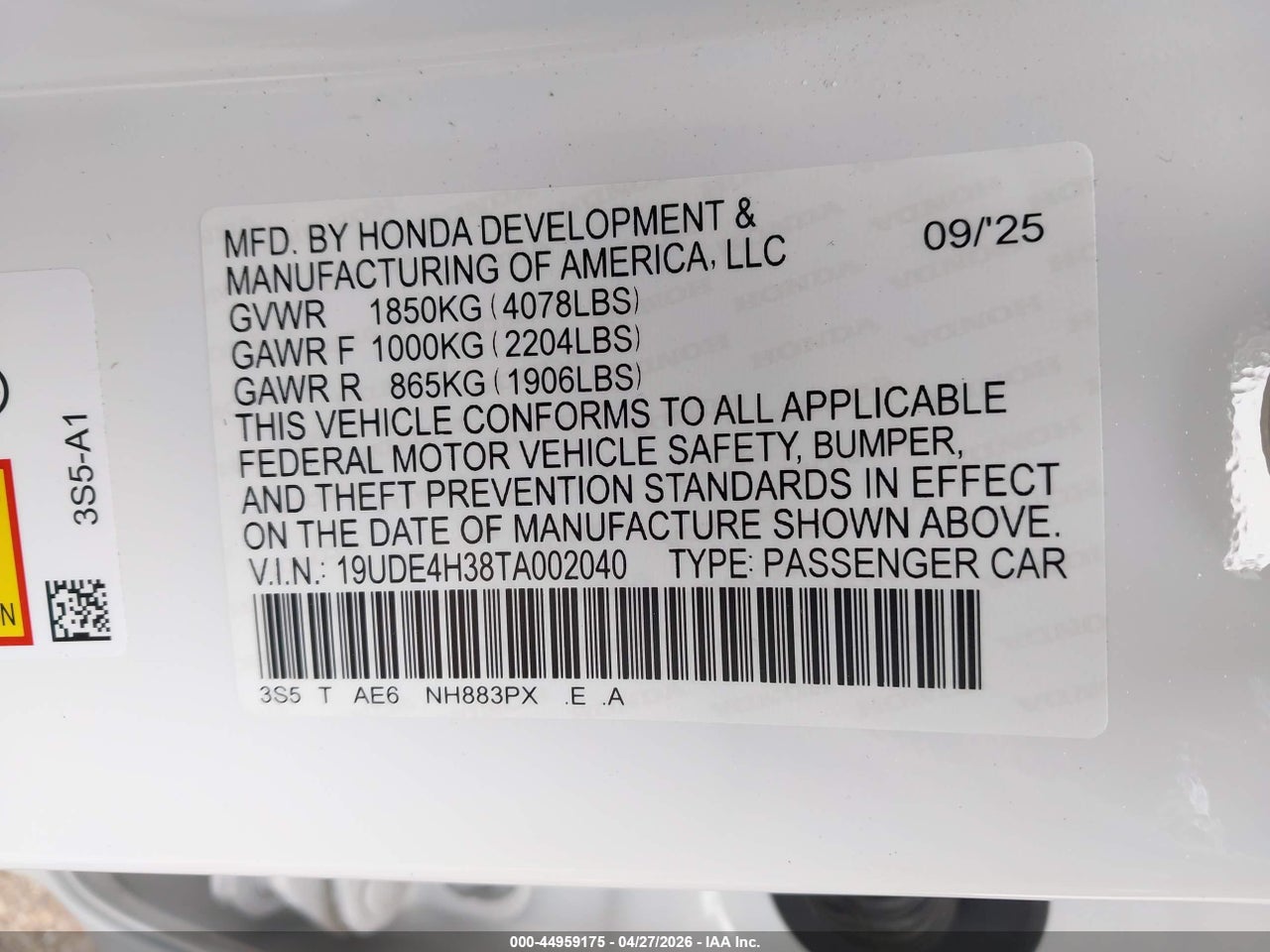 19UDE4H38TA****** · 2026 ACURA INTEGRA FWD A-SPEC · 9/11