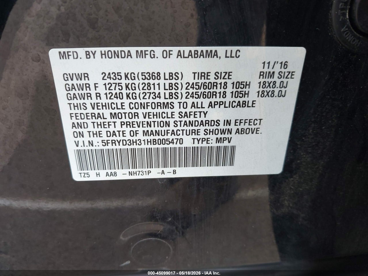 5FRYD3H31HB****** · 2017 ACURA MDX · 9/11