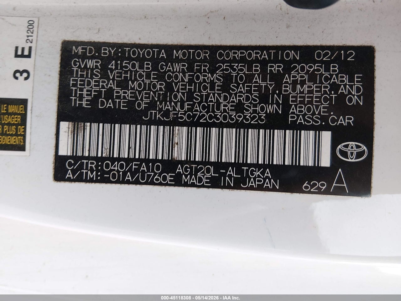 JTKJF5C72C3****** · 2012 SCION TC · 9/11