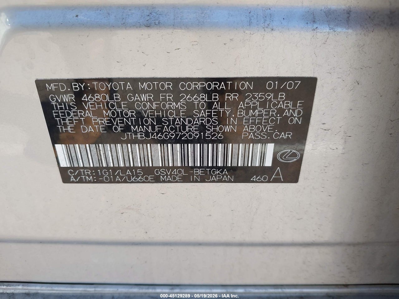 JTHBJ46G972****** · 2007 LEXUS ES 350 · 9/11