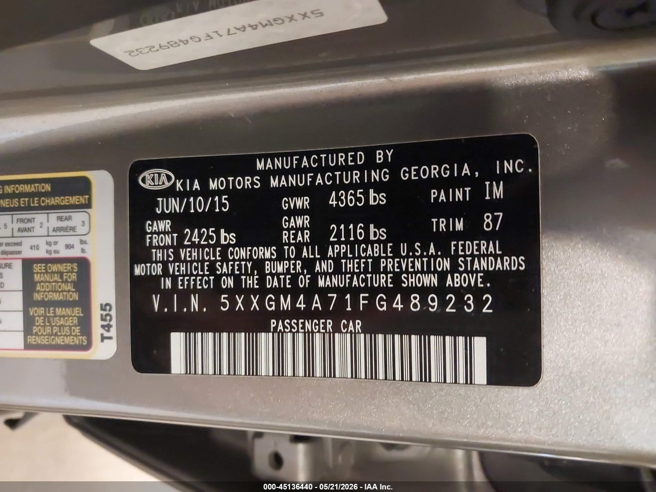 5XXGM4A71FG****** · 2015 KIA OPTIMA LX · 9/10