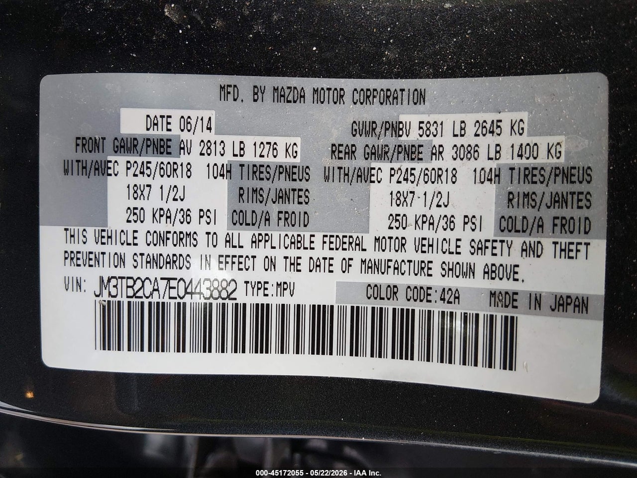 JM3TB2CA7E0****** · 2014 MAZDA CX-9 TOURING · 9/11