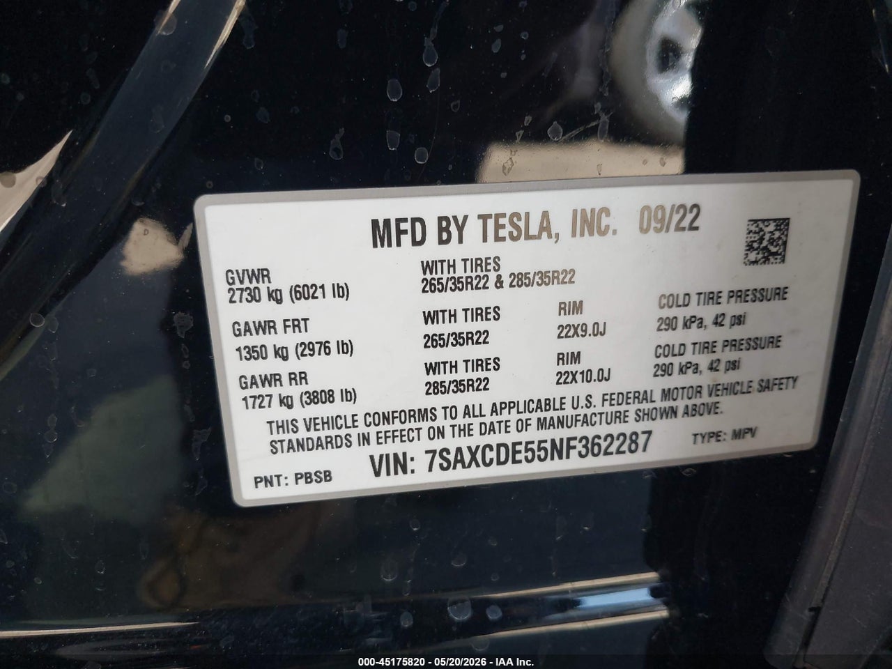7SAXCDE55NF****** · 2022 TESLA MODEL X · 9/11