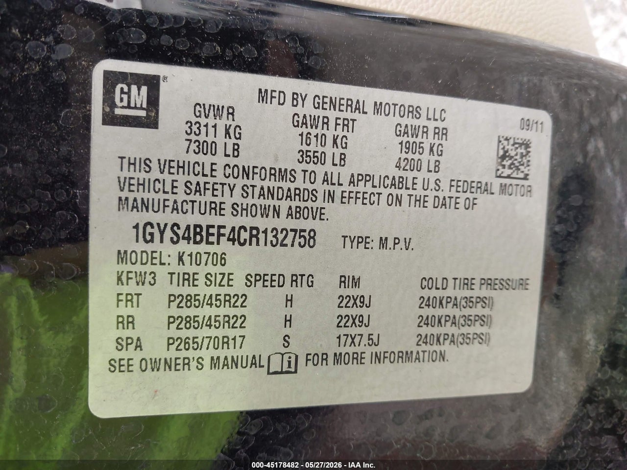 1GYS4BEF4CR****** · 2012 CADILLAC ESCALADE LUXURY · 9/11