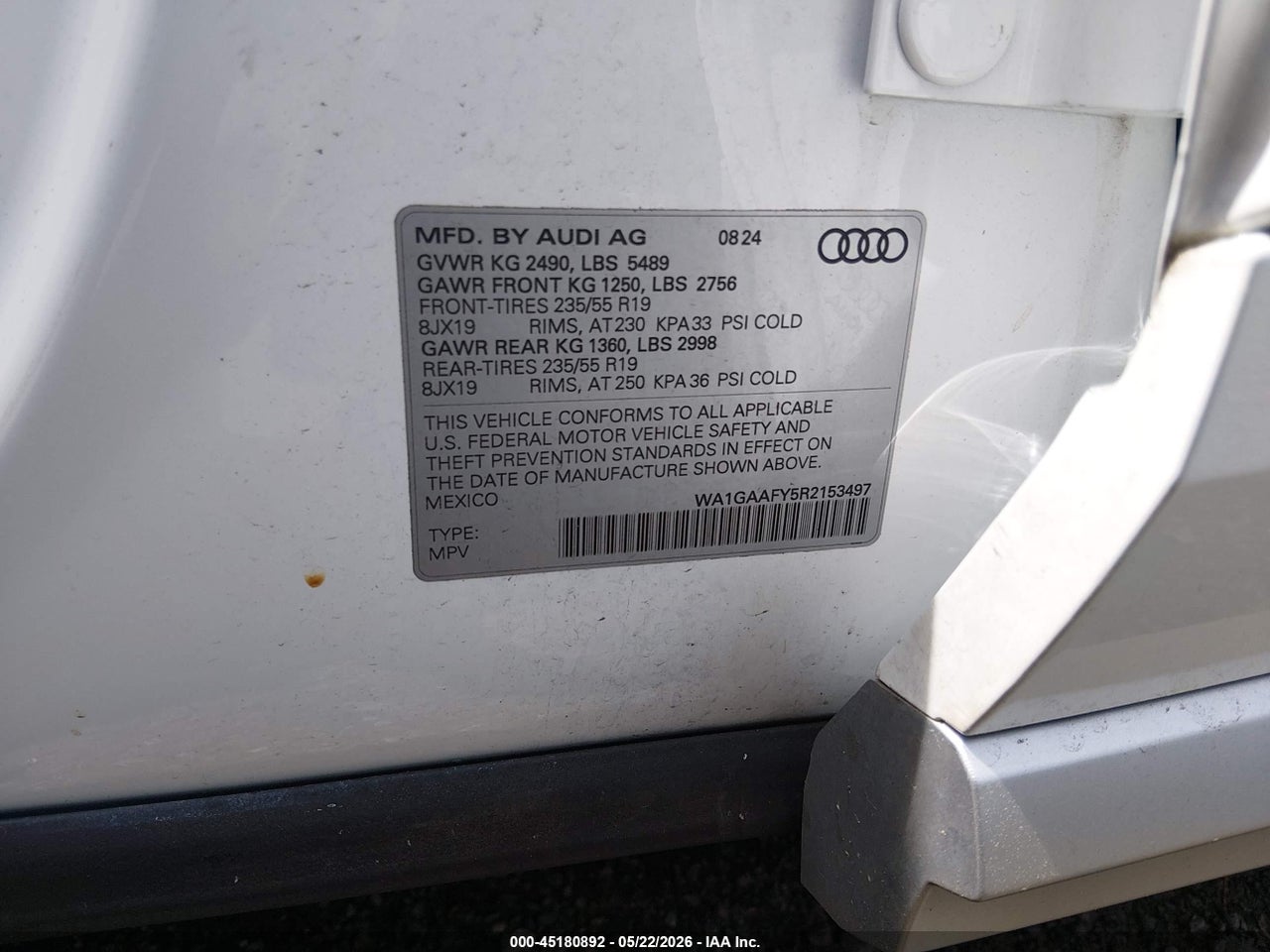 WA1GAAFY5R2****** · 2024 AUDI Q5 PREMIUM 45 TFSI S LINE QUATTRO · 9/11