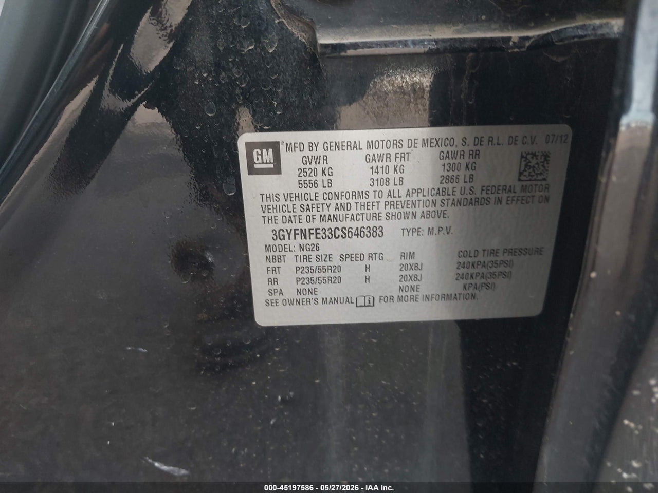 3GYFNFE33CS****** · 2012 CADILLAC SRX PREMIUM COLLECTION · 9/11