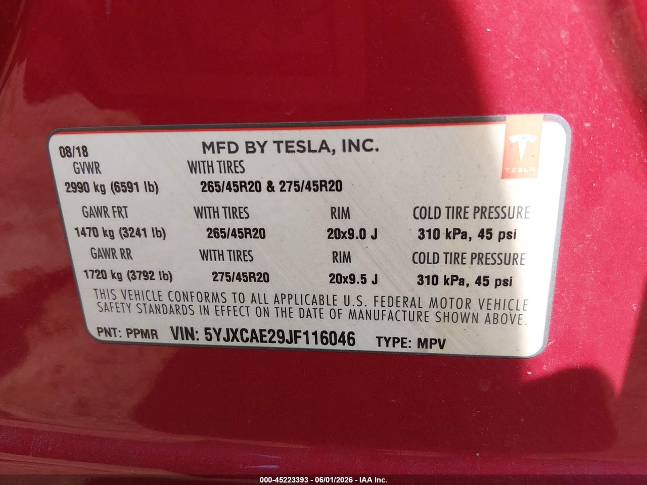 5YJXCAE29JF****** · 2018 TESLA MODEL X   · 9/11