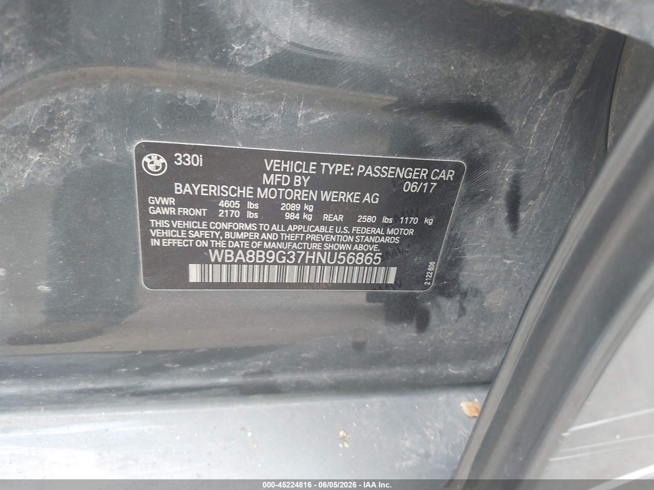WBA8B9G37HN****** · 2017 BMW 330I · 9/10
