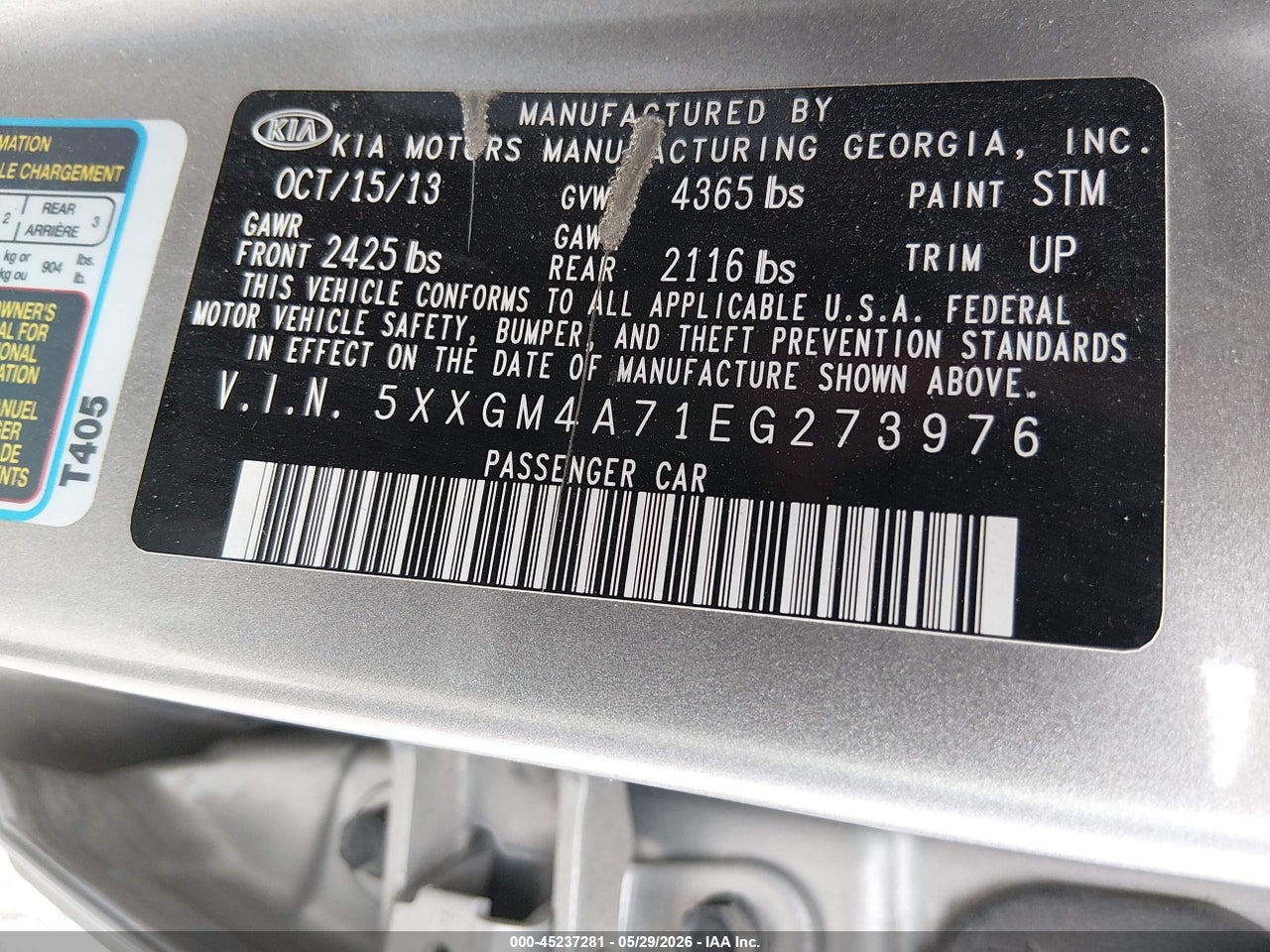 5XXGM4A71EG****** · 2014 KIA OPTIMA LX · 9/11