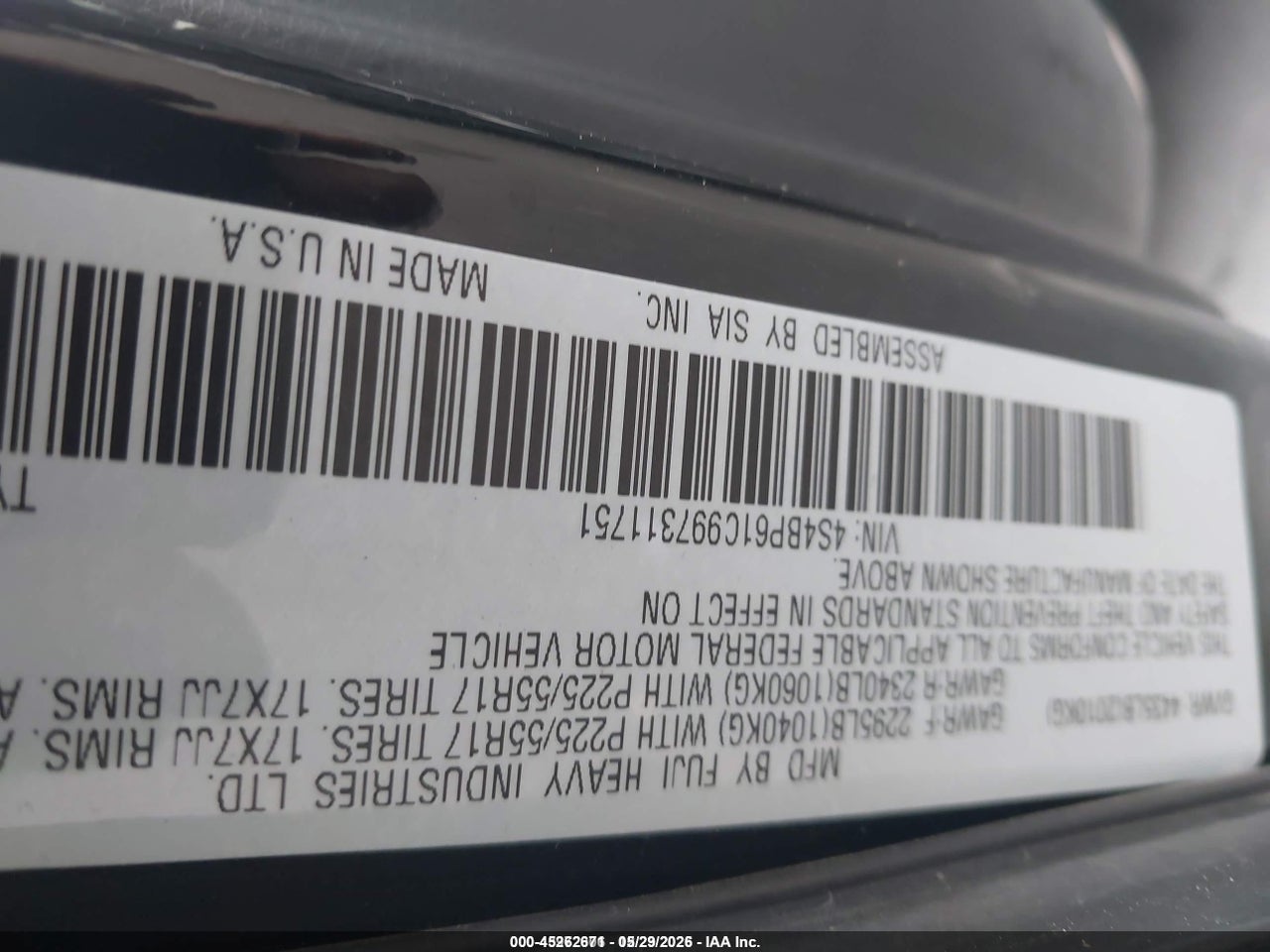 4S4BP61C997****** · 2009 SUBARU OUTBACK 2.5I · 9/11