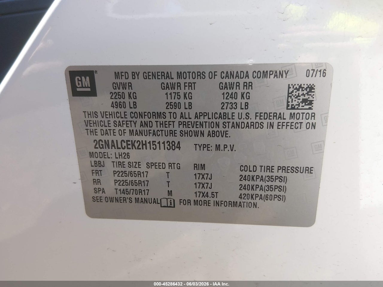2GNALCEK2H1****** · 2017 CHEVROLET EQUINOX LT · 9/11