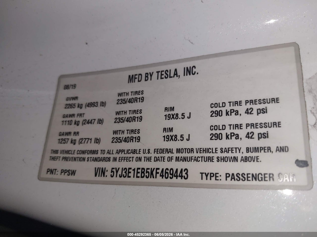 5YJ3E1EB5KF****** · 2019 TESLA MODEL 3 LONG RANGE/PERFORMANCE · 9/11