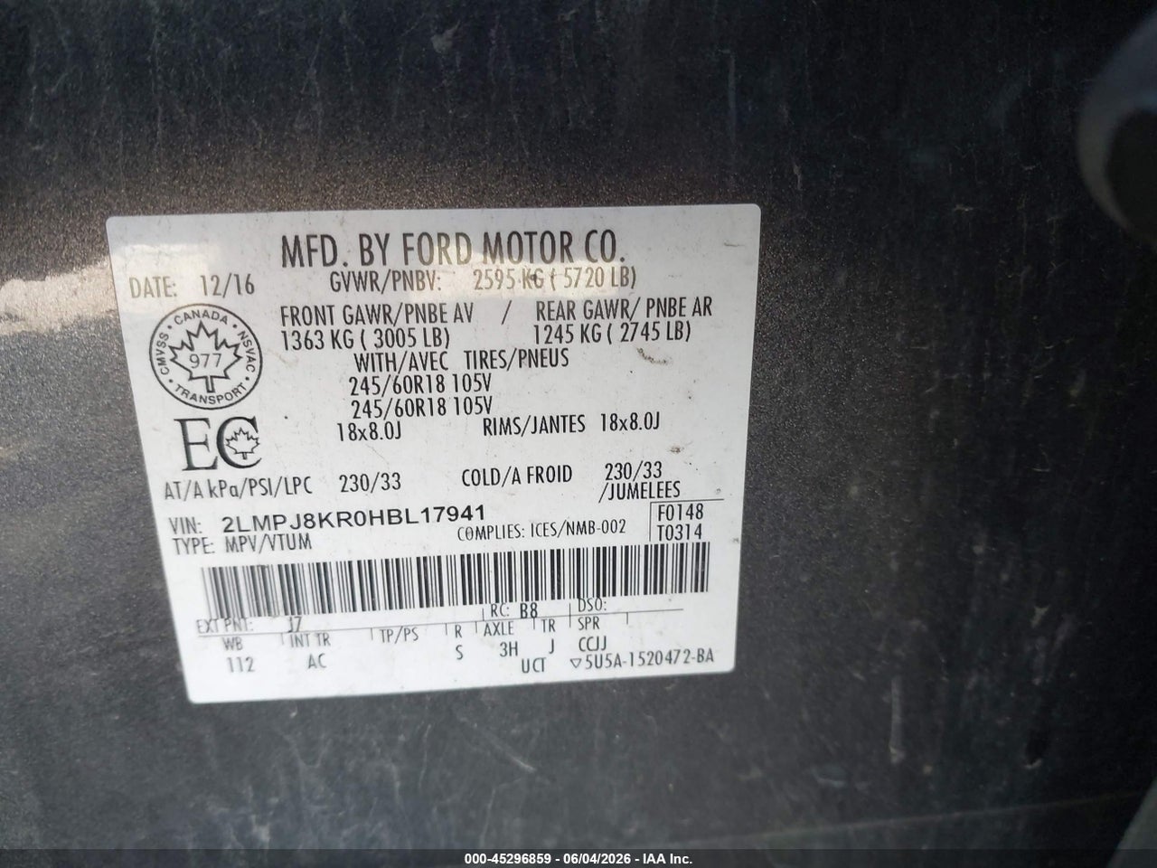 2LMPJ8KR0HB****** · 2017 LINCOLN MKX SELECT · 9/11