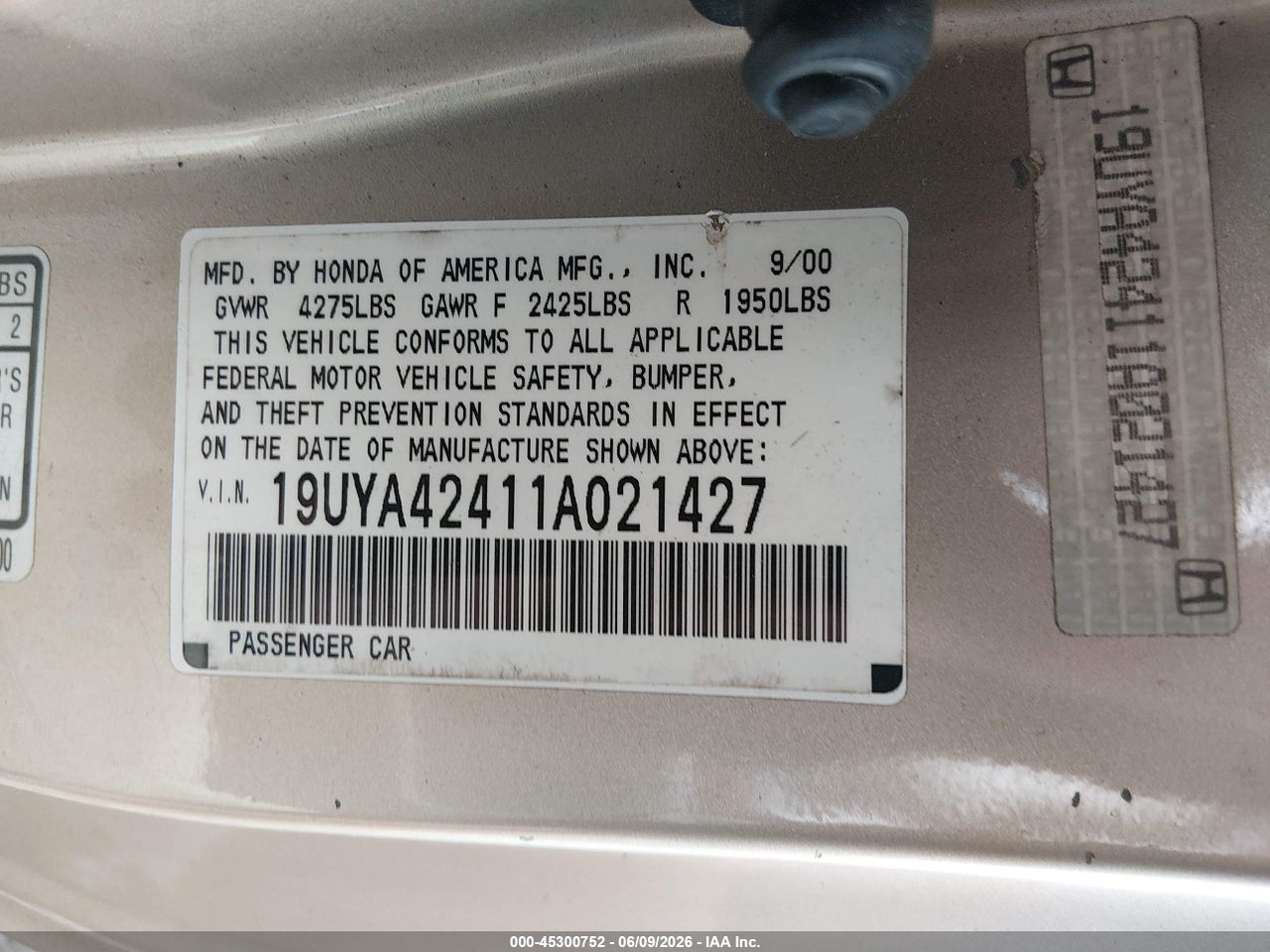 19UYA42411A****** · 2001 ACURA CL 3.2 · 9/11