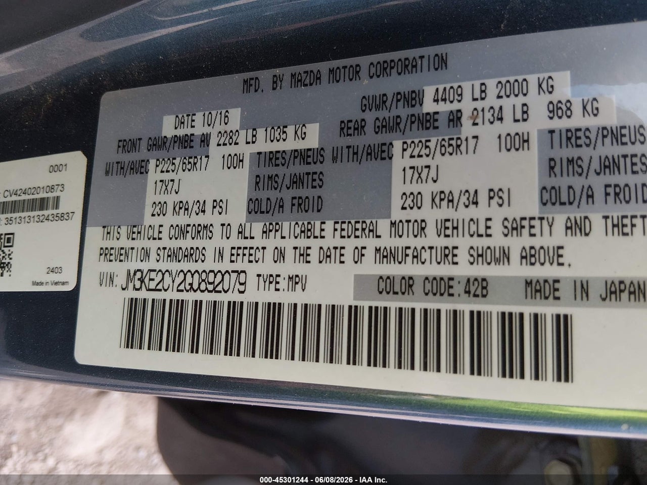 JM3KE2CY2G0****** · 2016 MAZDA CX-5 TOURING · 9/11