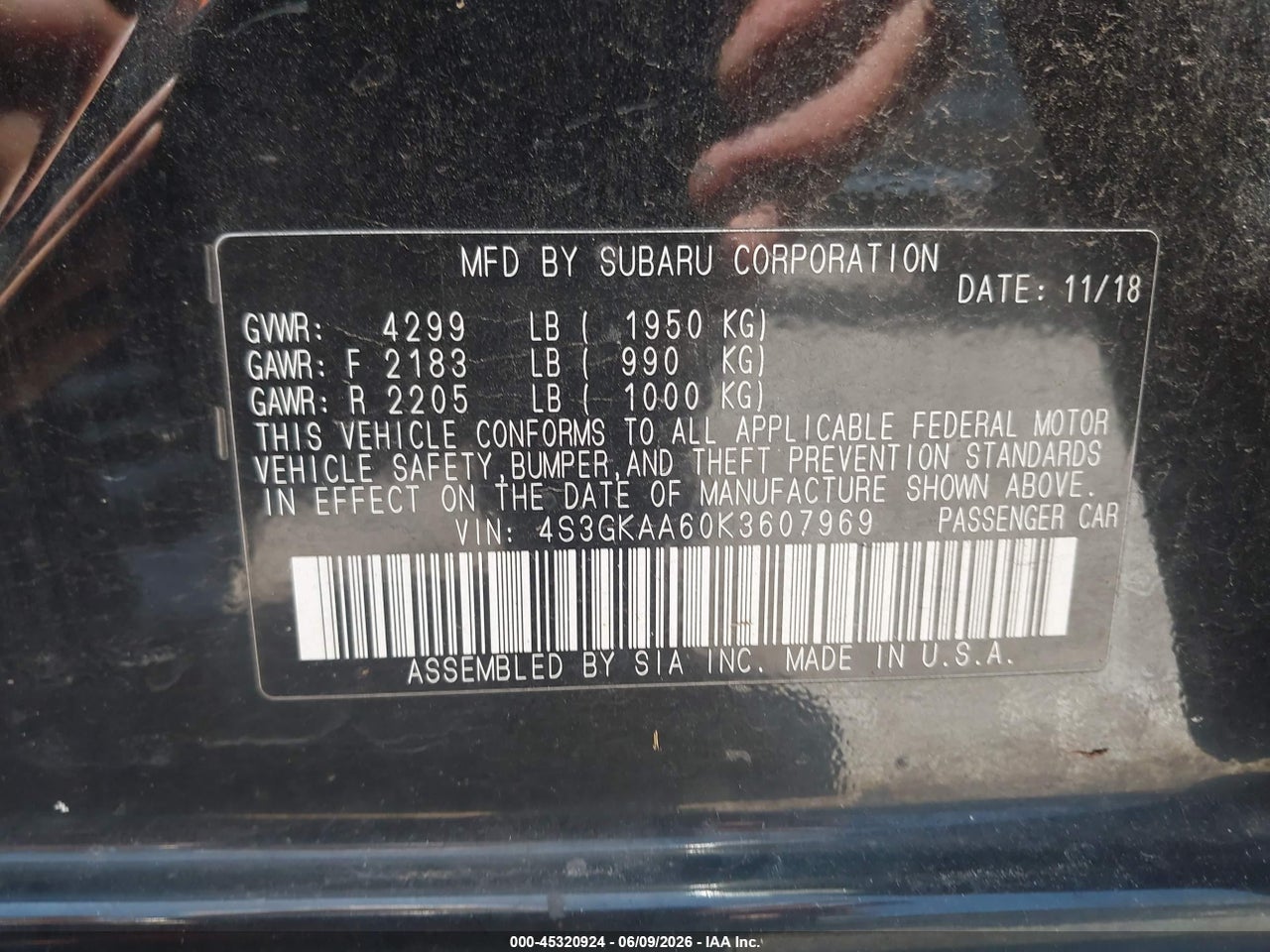 4S3GKAA60K3****** · 2019 SUBARU IMPREZA 2.0I · 9/11