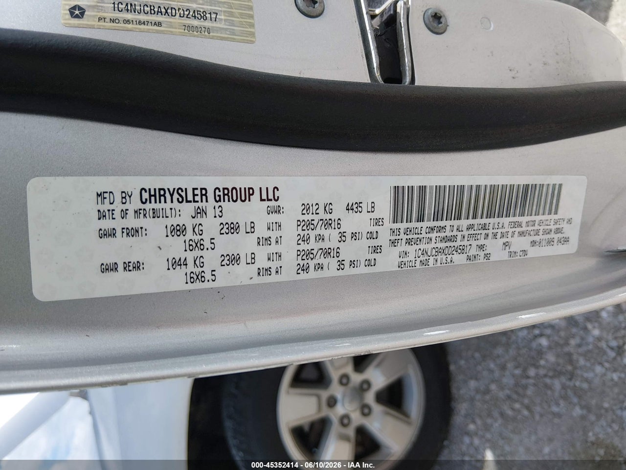 1C4NJCBAXDD****** · 2013 JEEP COMPASS SPORT · 9/11