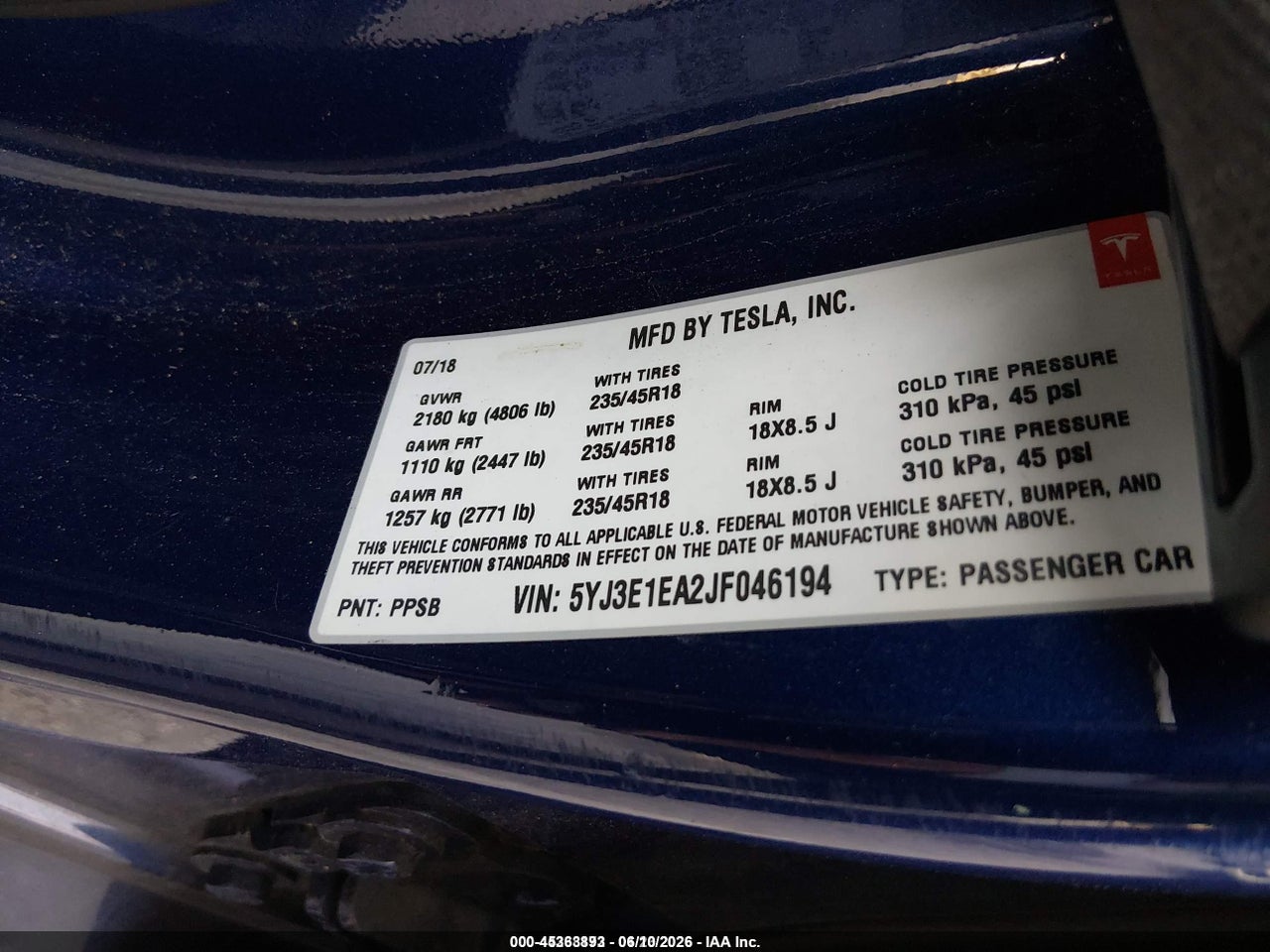 5YJ3E1EA2JF****** · 2018 TESLA MODEL 3 LONG RANGE/MID RANGE · 9/11