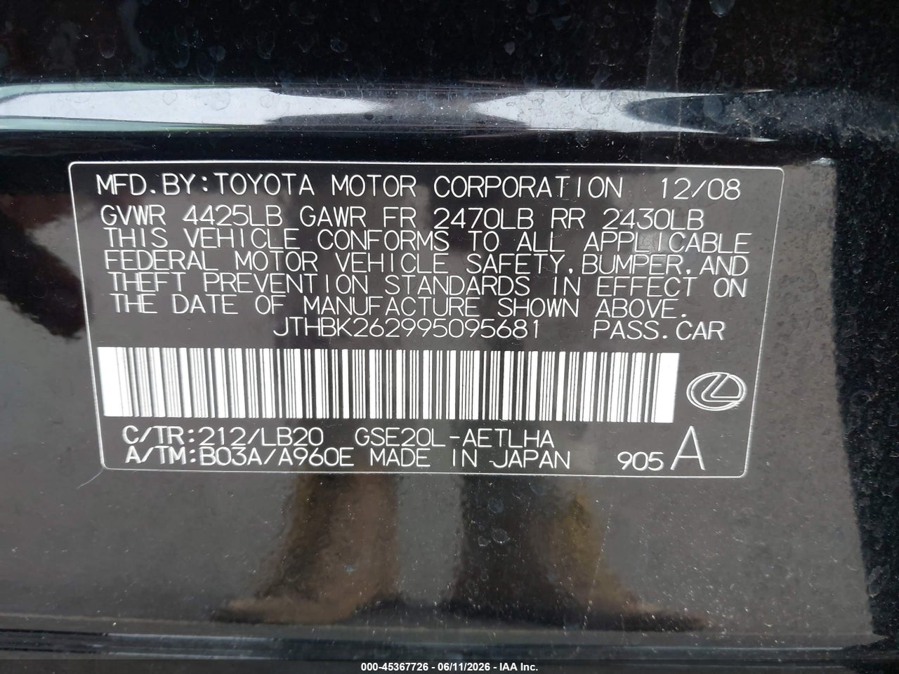 JTHBK262995****** · 2009 LEXUS IS 250 · 9/11