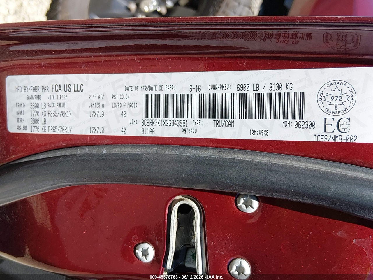3C6RR7KTXGG****** · 2016 RAM 1500 ST · 9/11