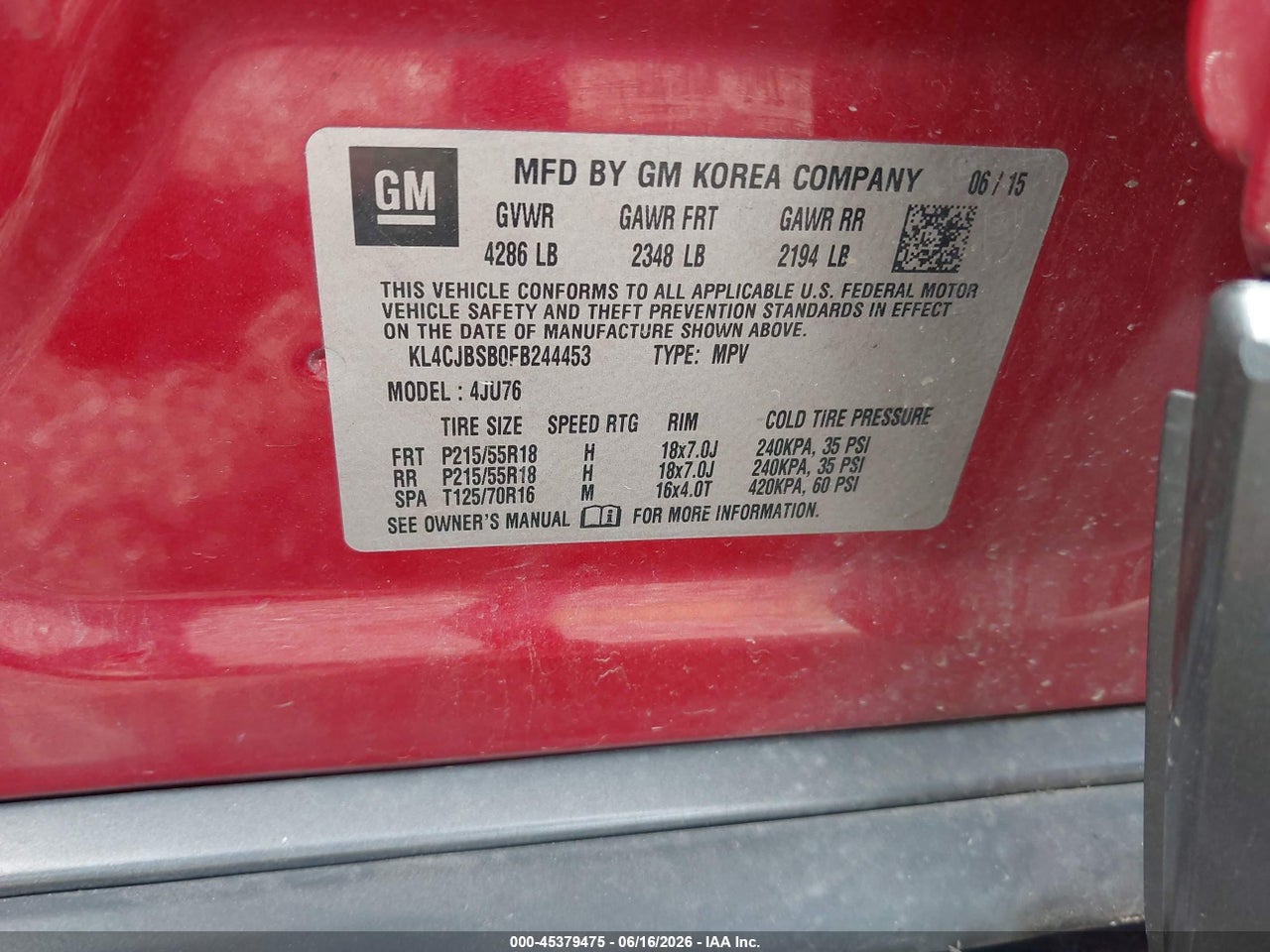 KL4CJBSB0FB****** · 2015 BUICK ENCORE CONVENIENCE · 9/11