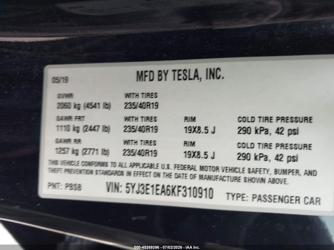 5YJ3E1EA6KF****** · 2019 TESLA MODEL 3 LONG RANGE/MID RANGE/STANDARD RANGE/STANDARD RANGE PLUS · 9/10